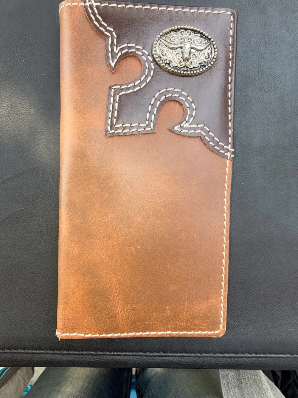 Men's Brown Leather Money Clip Wallet with Decorative Concho